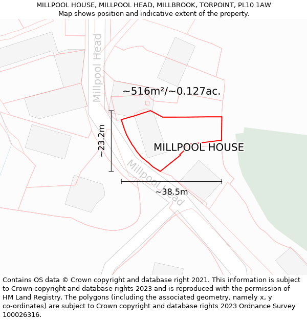 MILLPOOL HOUSE, MILLPOOL HEAD, MILLBROOK, TORPOINT, PL10 1AW: Plot and title map