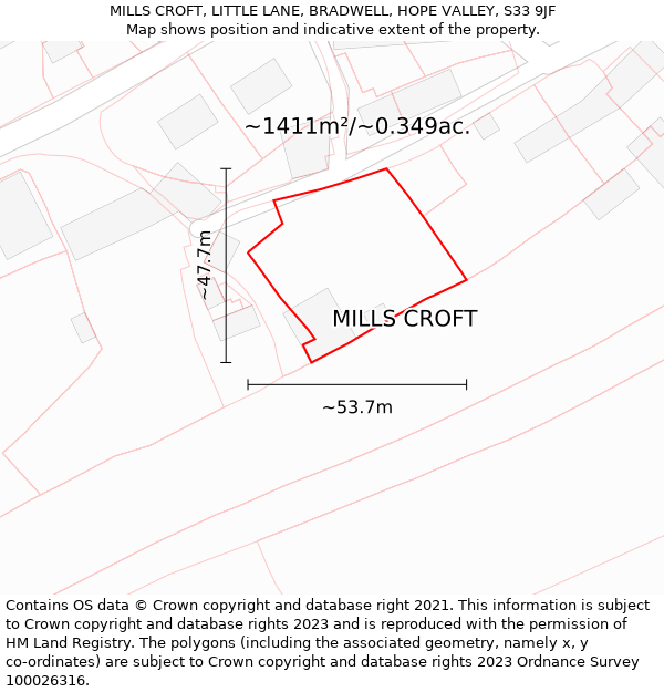 MILLS CROFT, LITTLE LANE, BRADWELL, HOPE VALLEY, S33 9JF: Plot and title map