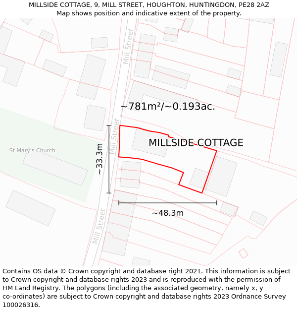 MILLSIDE COTTAGE, 9, MILL STREET, HOUGHTON, HUNTINGDON, PE28 2AZ: Plot and title map