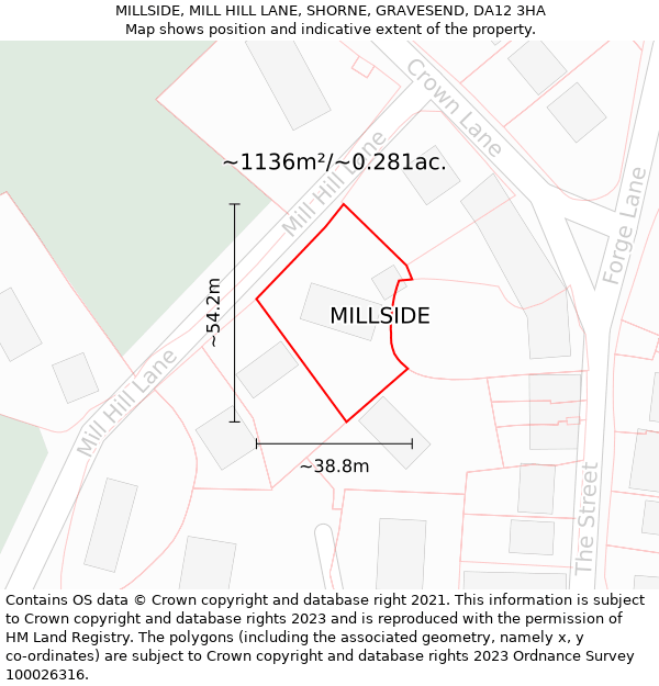 MILLSIDE, MILL HILL LANE, SHORNE, GRAVESEND, DA12 3HA: Plot and title map