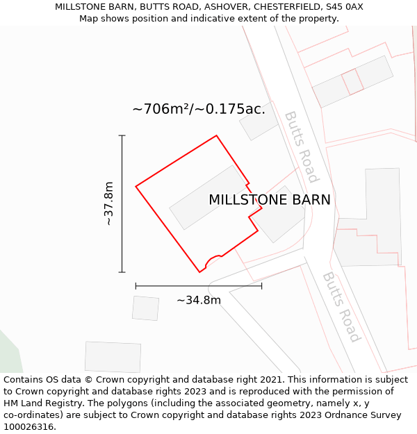 MILLSTONE BARN, BUTTS ROAD, ASHOVER, CHESTERFIELD, S45 0AX: Plot and title map