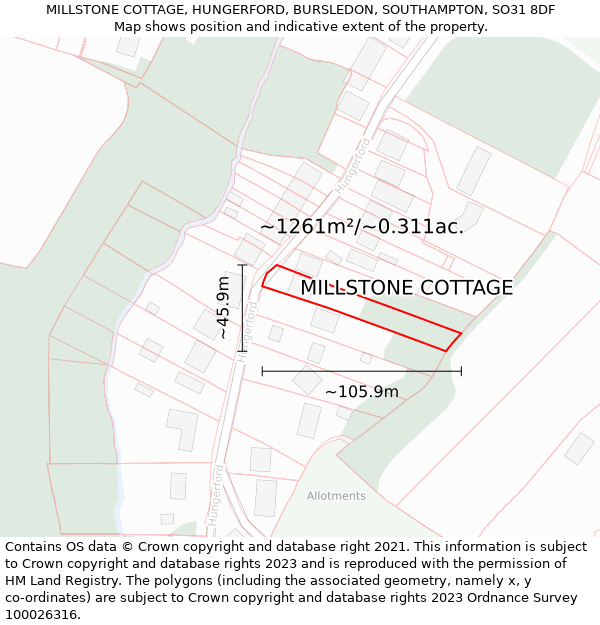 MILLSTONE COTTAGE, HUNGERFORD, BURSLEDON, SOUTHAMPTON, SO31 8DF: Plot and title map