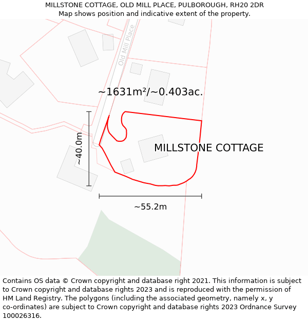 MILLSTONE COTTAGE, OLD MILL PLACE, PULBOROUGH, RH20 2DR: Plot and title map
