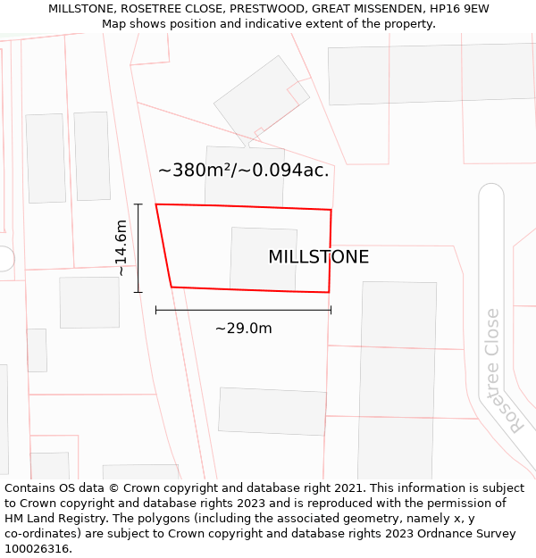 MILLSTONE, ROSETREE CLOSE, PRESTWOOD, GREAT MISSENDEN, HP16 9EW: Plot and title map