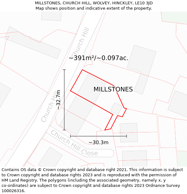MILLSTONES, CHURCH HILL, WOLVEY, HINCKLEY, LE10 3JD: Plot and title map