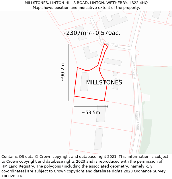 MILLSTONES, LINTON HILLS ROAD, LINTON, WETHERBY, LS22 4HQ: Plot and title map