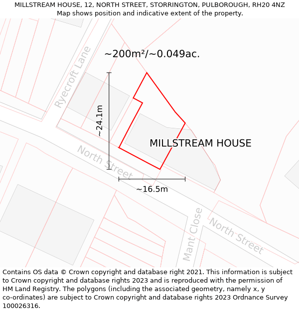 MILLSTREAM HOUSE, 12, NORTH STREET, STORRINGTON, PULBOROUGH, RH20 4NZ: Plot and title map
