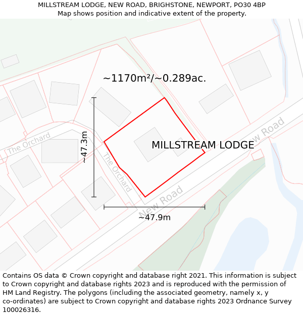 MILLSTREAM LODGE, NEW ROAD, BRIGHSTONE, NEWPORT, PO30 4BP: Plot and title map