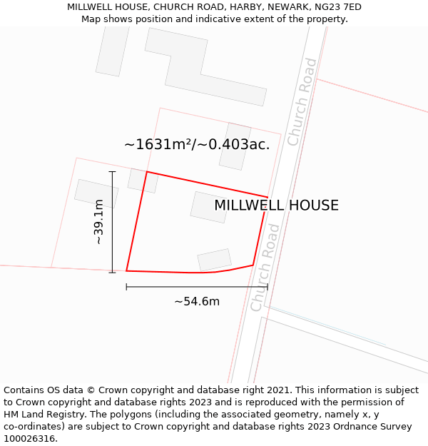 MILLWELL HOUSE, CHURCH ROAD, HARBY, NEWARK, NG23 7ED: Plot and title map