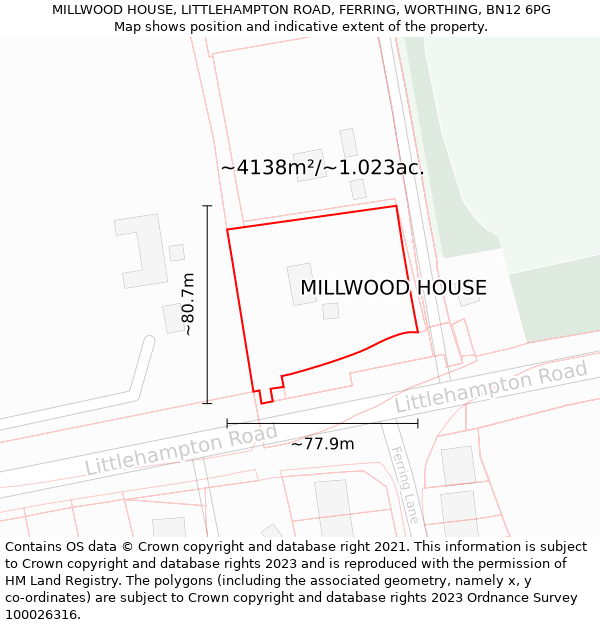 MILLWOOD HOUSE, LITTLEHAMPTON ROAD, FERRING, WORTHING, BN12 6PG: Plot and title map