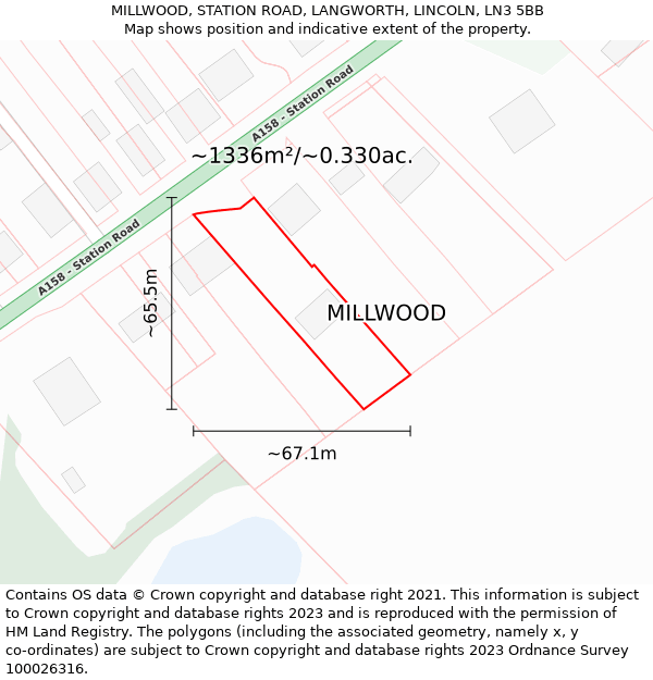 MILLWOOD, STATION ROAD, LANGWORTH, LINCOLN, LN3 5BB: Plot and title map