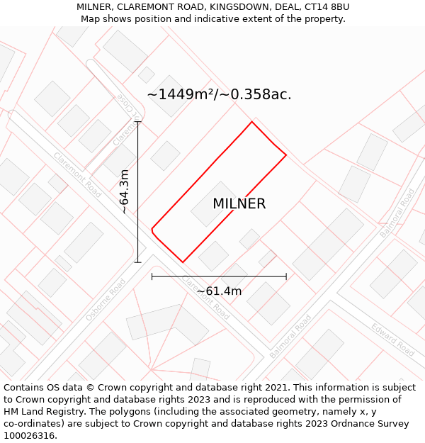 MILNER, CLAREMONT ROAD, KINGSDOWN, DEAL, CT14 8BU: Plot and title map