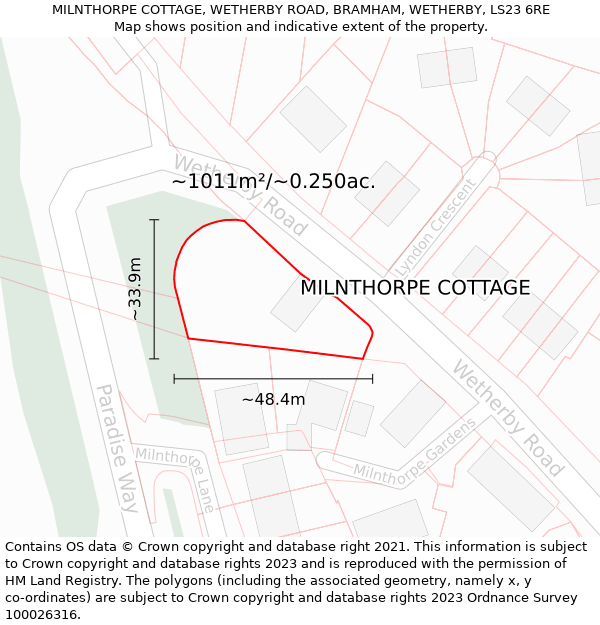 MILNTHORPE COTTAGE, WETHERBY ROAD, BRAMHAM, WETHERBY, LS23 6RE: Plot and title map