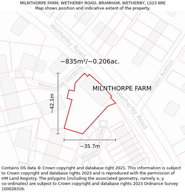 MILNTHORPE FARM, WETHERBY ROAD, BRAMHAM, WETHERBY, LS23 6RE: Plot and title map