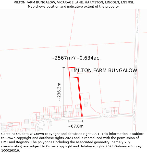 MILTON FARM BUNGALOW, VICARAGE LANE, HARMSTON, LINCOLN, LN5 9SL: Plot and title map