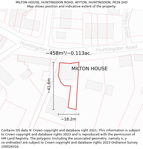 MILTON HOUSE, HUNTINGDON ROAD, WYTON, HUNTINGDON, PE28 2AD: Plot and title map