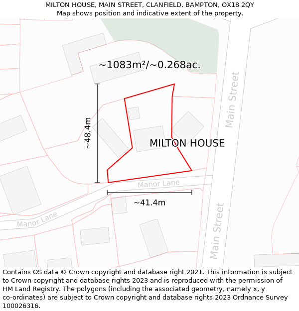 MILTON HOUSE, MAIN STREET, CLANFIELD, BAMPTON, OX18 2QY: Plot and title map
