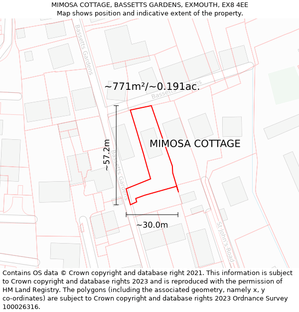 MIMOSA COTTAGE, BASSETTS GARDENS, EXMOUTH, EX8 4EE: Plot and title map