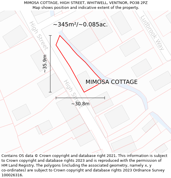 MIMOSA COTTAGE, HIGH STREET, WHITWELL, VENTNOR, PO38 2PZ: Plot and title map