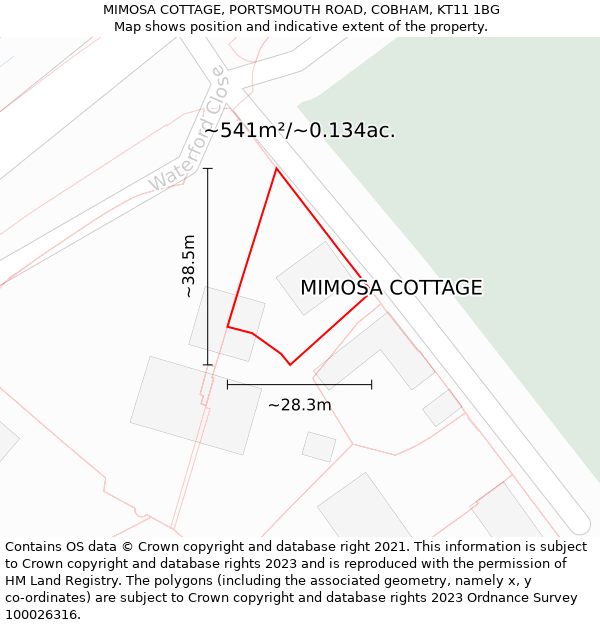 MIMOSA COTTAGE, PORTSMOUTH ROAD, COBHAM, KT11 1BG: Plot and title map