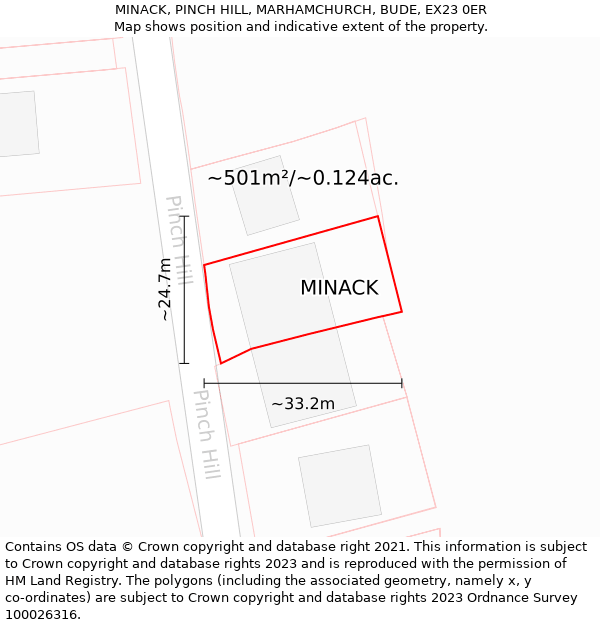 MINACK, PINCH HILL, MARHAMCHURCH, BUDE, EX23 0ER: Plot and title map