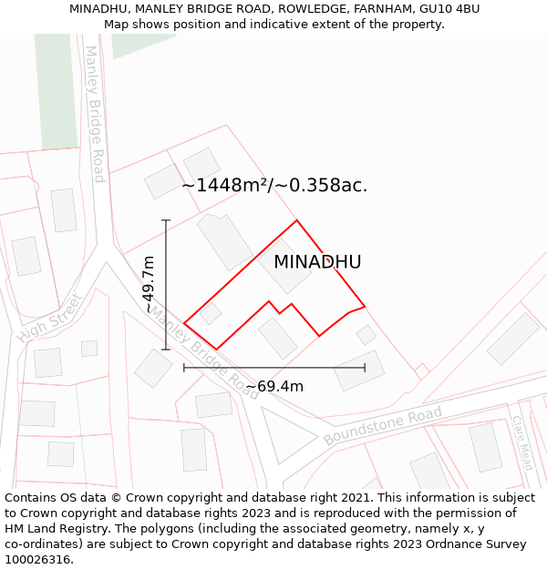 MINADHU, MANLEY BRIDGE ROAD, ROWLEDGE, FARNHAM, GU10 4BU: Plot and title map