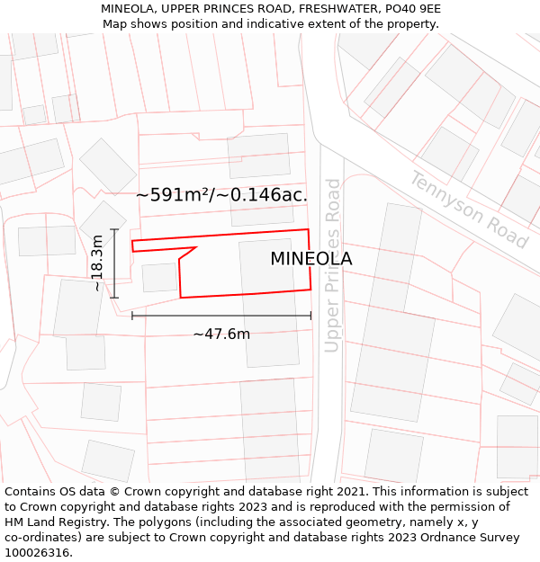 MINEOLA, UPPER PRINCES ROAD, FRESHWATER, PO40 9EE: Plot and title map