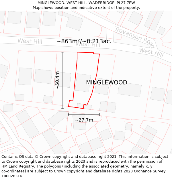 MINGLEWOOD, WEST HILL, WADEBRIDGE, PL27 7EW: Plot and title map