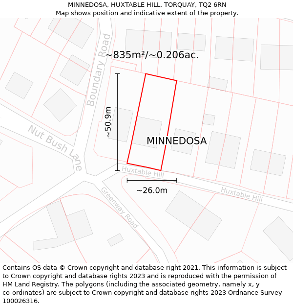 MINNEDOSA, HUXTABLE HILL, TORQUAY, TQ2 6RN: Plot and title map