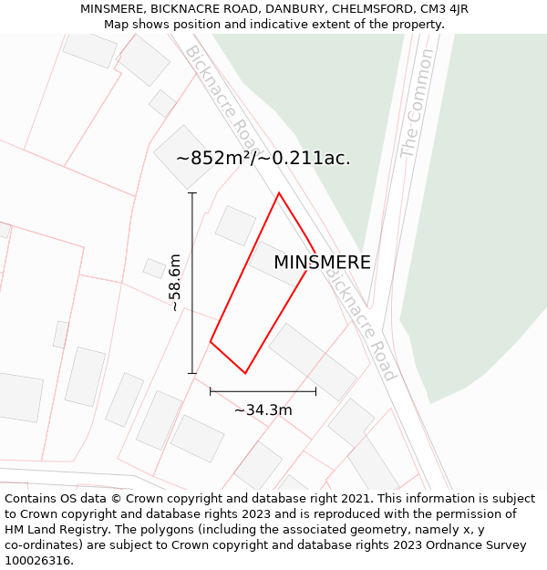 MINSMERE, BICKNACRE ROAD, DANBURY, CHELMSFORD, CM3 4JR: Plot and title map