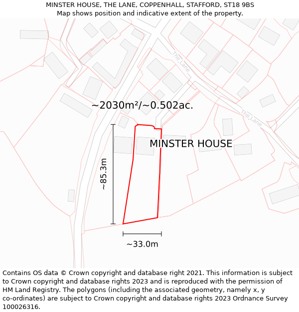 MINSTER HOUSE, THE LANE, COPPENHALL, STAFFORD, ST18 9BS: Plot and title map