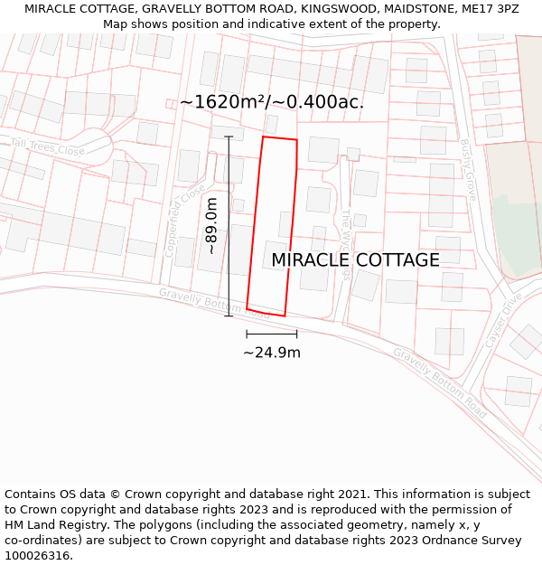 MIRACLE COTTAGE, GRAVELLY BOTTOM ROAD, KINGSWOOD, MAIDSTONE, ME17 3PZ: Plot and title map