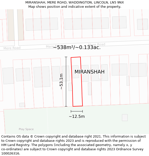 MIRANSHAH, MERE ROAD, WADDINGTON, LINCOLN, LN5 9NX: Plot and title map