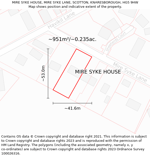 MIRE SYKE HOUSE, MIRE SYKE LANE, SCOTTON, KNARESBOROUGH, HG5 9HW: Plot and title map