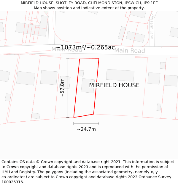 MIRFIELD HOUSE, SHOTLEY ROAD, CHELMONDISTON, IPSWICH, IP9 1EE: Plot and title map
