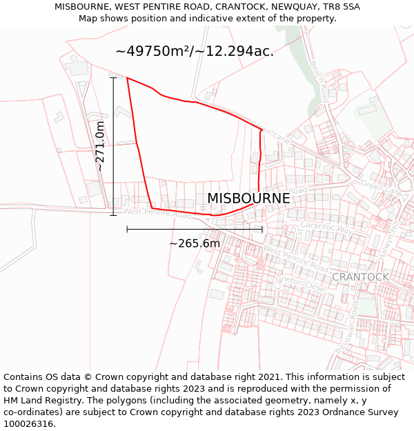 MISBOURNE, WEST PENTIRE ROAD, CRANTOCK, NEWQUAY, TR8 5SA: Plot and title map