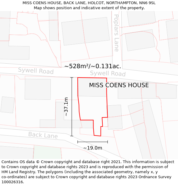 MISS COENS HOUSE, BACK LANE, HOLCOT, NORTHAMPTON, NN6 9SL: Plot and title map