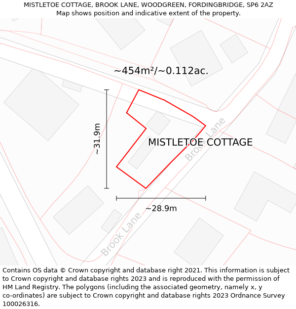 MISTLETOE COTTAGE, BROOK LANE, WOODGREEN, FORDINGBRIDGE, SP6 2AZ: Plot and title map