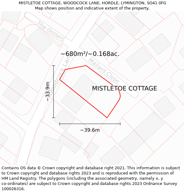 MISTLETOE COTTAGE, WOODCOCK LANE, HORDLE, LYMINGTON, SO41 0FG: Plot and title map