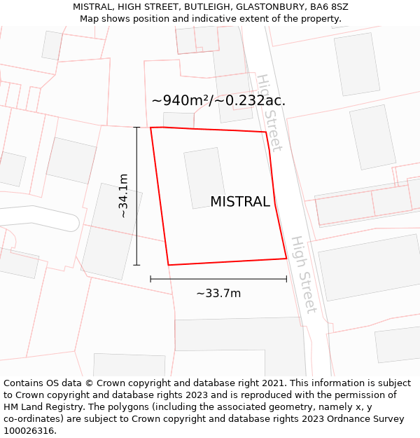 MISTRAL, HIGH STREET, BUTLEIGH, GLASTONBURY, BA6 8SZ: Plot and title map