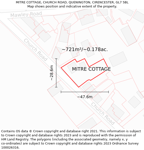 MITRE COTTAGE, CHURCH ROAD, QUENINGTON, CIRENCESTER, GL7 5BL: Plot and title map