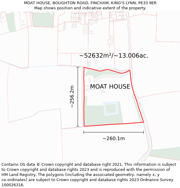 MOAT HOUSE, BOUGHTON ROAD, FINCHAM, KING'S LYNN, PE33 9ER: Plot and title map