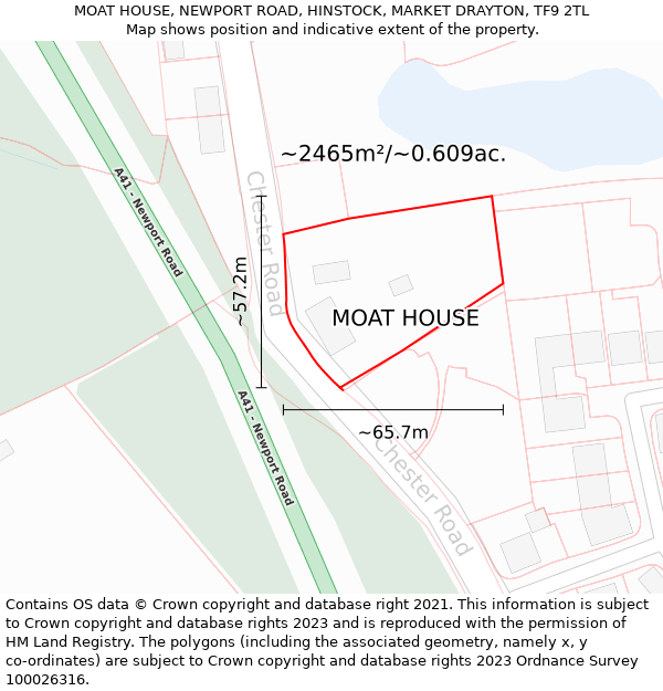 MOAT HOUSE, NEWPORT ROAD, HINSTOCK, MARKET DRAYTON, TF9 2TL: Plot and title map