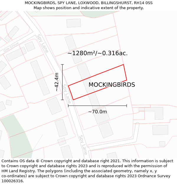 MOCKINGBIRDS, SPY LANE, LOXWOOD, BILLINGSHURST, RH14 0SS: Plot and title map