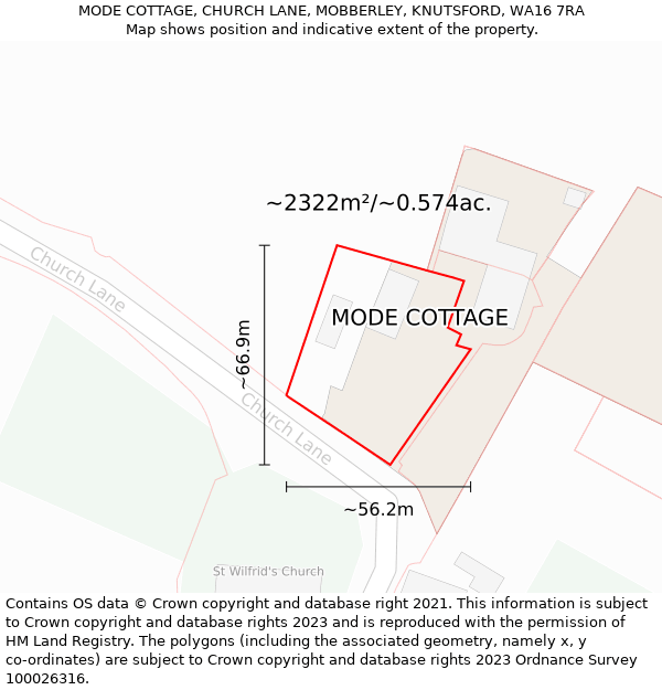 MODE COTTAGE, CHURCH LANE, MOBBERLEY, KNUTSFORD, WA16 7RA: Plot and title map