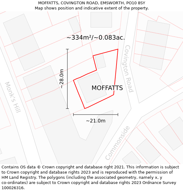 MOFFATTS, COVINGTON ROAD, EMSWORTH, PO10 8SY: Plot and title map