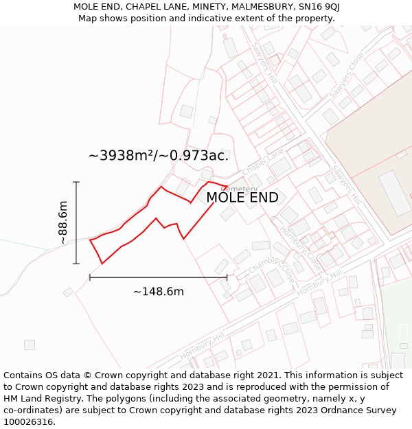 MOLE END, CHAPEL LANE, MINETY, MALMESBURY, SN16 9QJ: Plot and title map