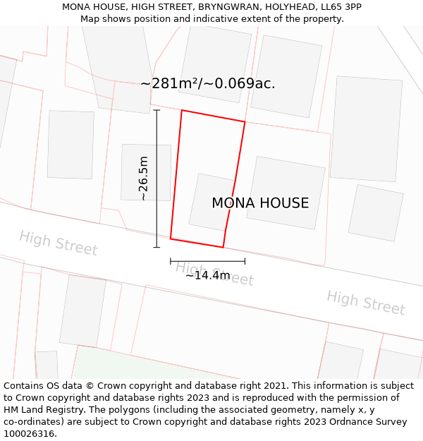 MONA HOUSE, HIGH STREET, BRYNGWRAN, HOLYHEAD, LL65 3PP: Plot and title map