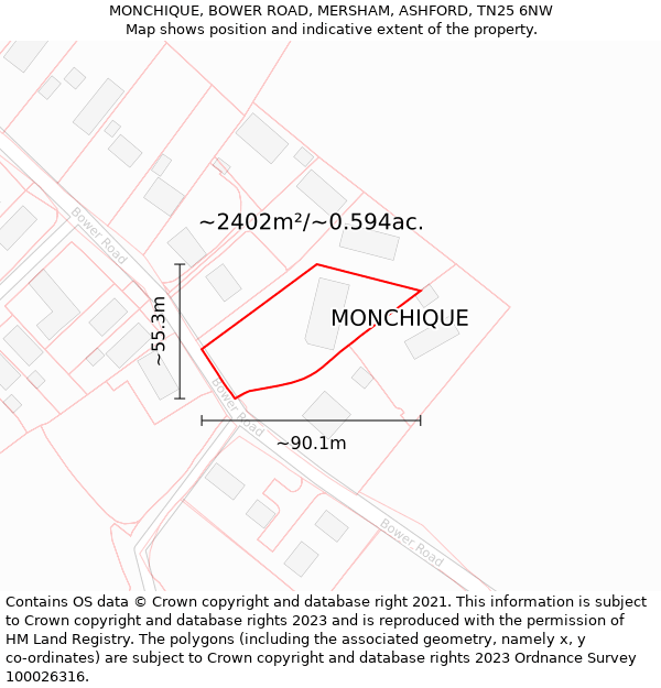 MONCHIQUE, BOWER ROAD, MERSHAM, ASHFORD, TN25 6NW: Plot and title map