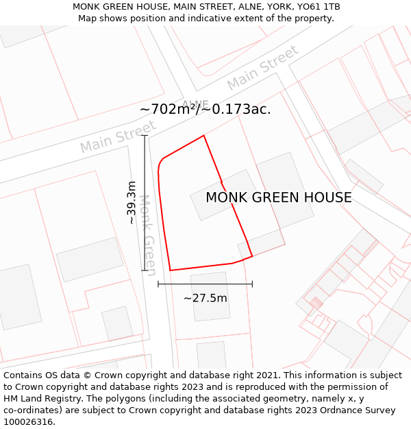 MONK GREEN HOUSE, MAIN STREET, ALNE, YORK, YO61 1TB: Plot and title map
